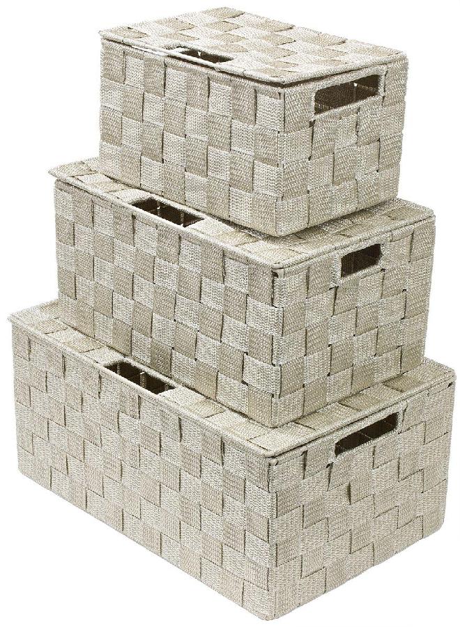 Sorbus Sorbus Storage Box Woven Basket Bin Container Tote Cube Organizer Set Stackable Storage Basket Woven Strap Shelf Organizer Built-In Carry Handles (Lid Bins - 3 Pack, Beige)  - Image 1