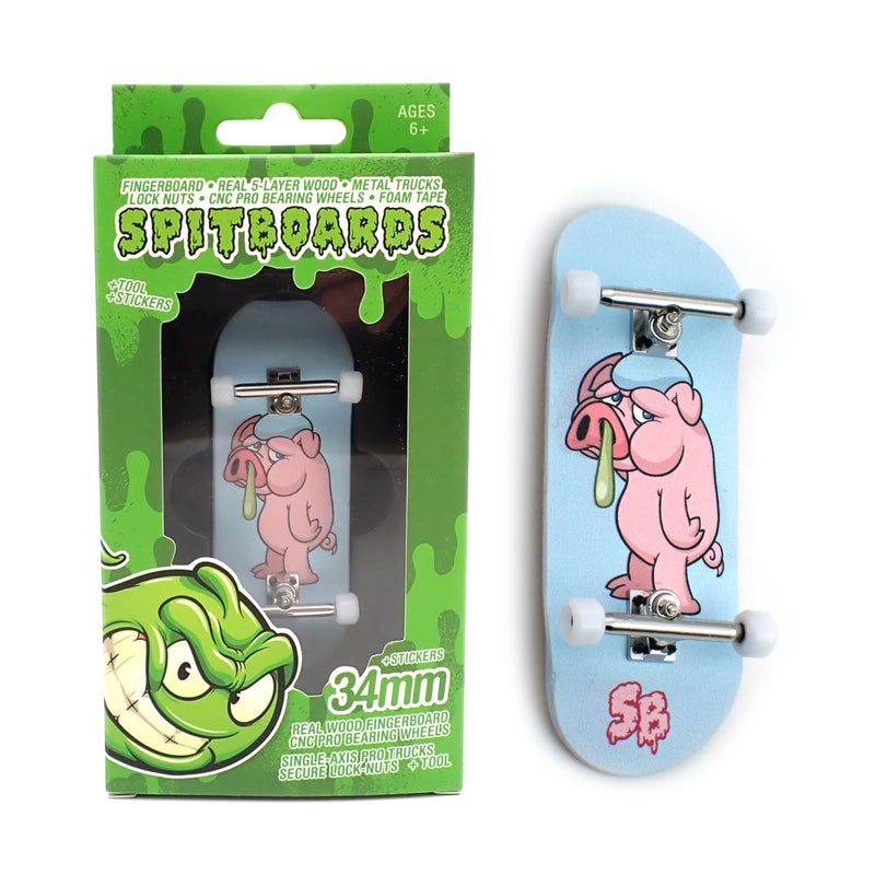 SPITBOARDS 34 mm x 96 mm Pro Fingerboard Set-Up (Complete) | Real Wood Deck | Pro Trucks with Lock Nuts and Pro Bushings | Polyurethane Pro Wheels with Bearings | Pig Flue - Image 1