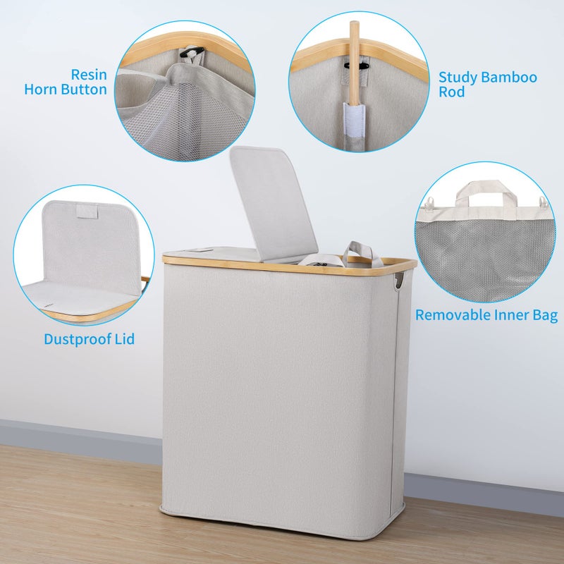 efluky Laundry Hamper with Lid, Double Laundry Hamper with 2 Removable Bags, 2 Section Laundry Basket with Bamboo Handles for Bathroom, Bedroom & Laundry Room, 140L (36.9 Gallon) Light Grey - Image 2