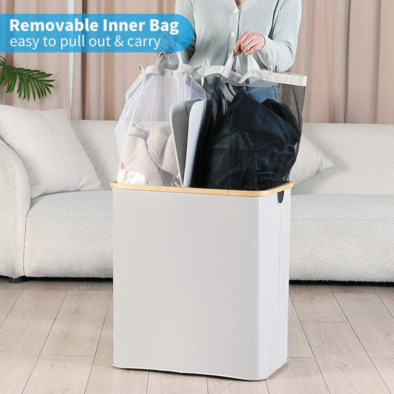 efluky Laundry Hamper with Lid, Double Laundry Hamper with 2 Removable Bags, 2 Section Laundry Basket with Bamboo Handles for Bathroom, Bedroom & Laundry Room, 140L (36.9 Gallon) Light Grey - Image 4