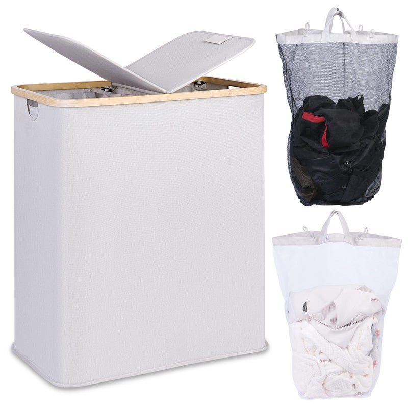 efluky Laundry Hamper with Lid, Double Laundry Hamper with 2 Removable Bags, 2 Section Laundry Basket with Bamboo Handles for Bathroom, Bedroom & Laundry Room, 140L (36.9 Gallon) Light Grey - Image 1
