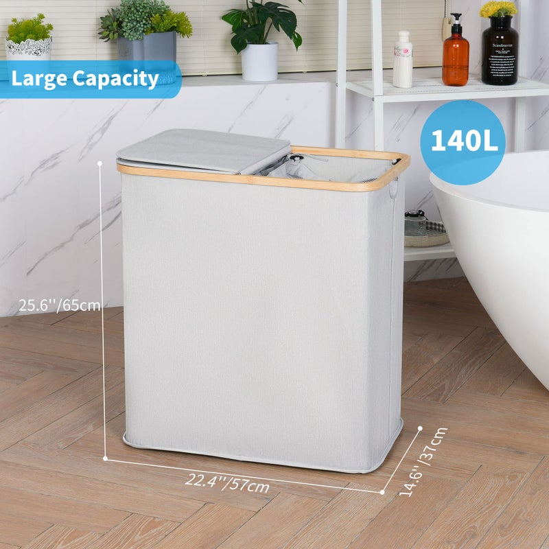 efluky Laundry Hamper with Lid, Double Laundry Hamper with 2 Removable Bags, 2 Section Laundry Basket with Bamboo Handles for Bathroom, Bedroom & Laundry Room, 140L (36.9 Gallon) Light Grey - Image 5