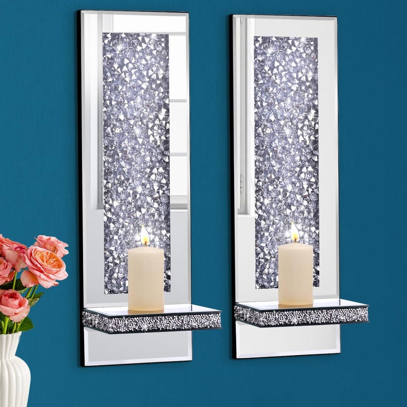Aeveco Crystal Crush Diamond Mirrored Candle Sconces, Silver Wall Candle holder set of 2, Wall decorations for Living Roomï¼ŒDining Room (Rectangle (style 4)) - Image 1