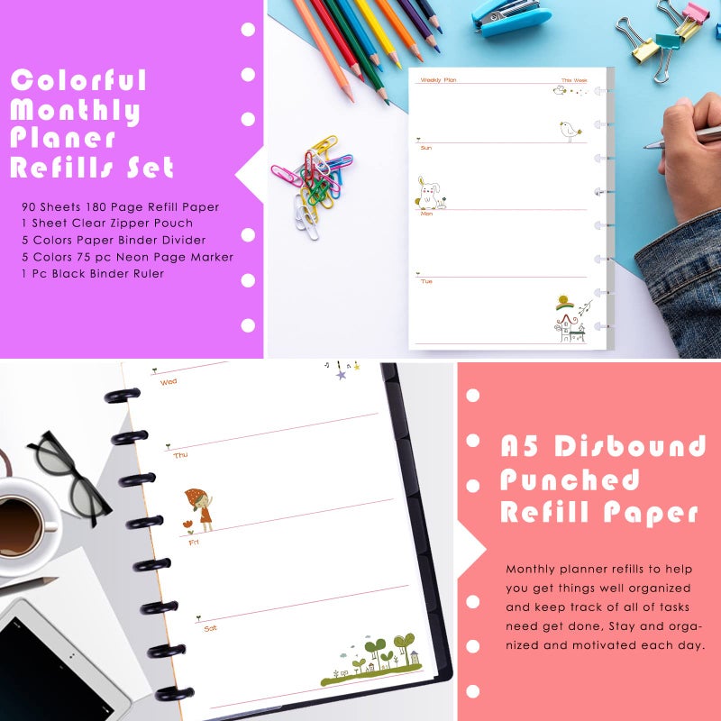 Rancco Junior Weekly Planner Refills, 180 Pages 8 Rings Punched Half Letter Binder Paper Inserts w/Index Tabs, Index Dividers, Loose-Leaf Bag, Ruler For Circa, Arc, TUL, Happy Planner, 5.5x8.5" - Image 3