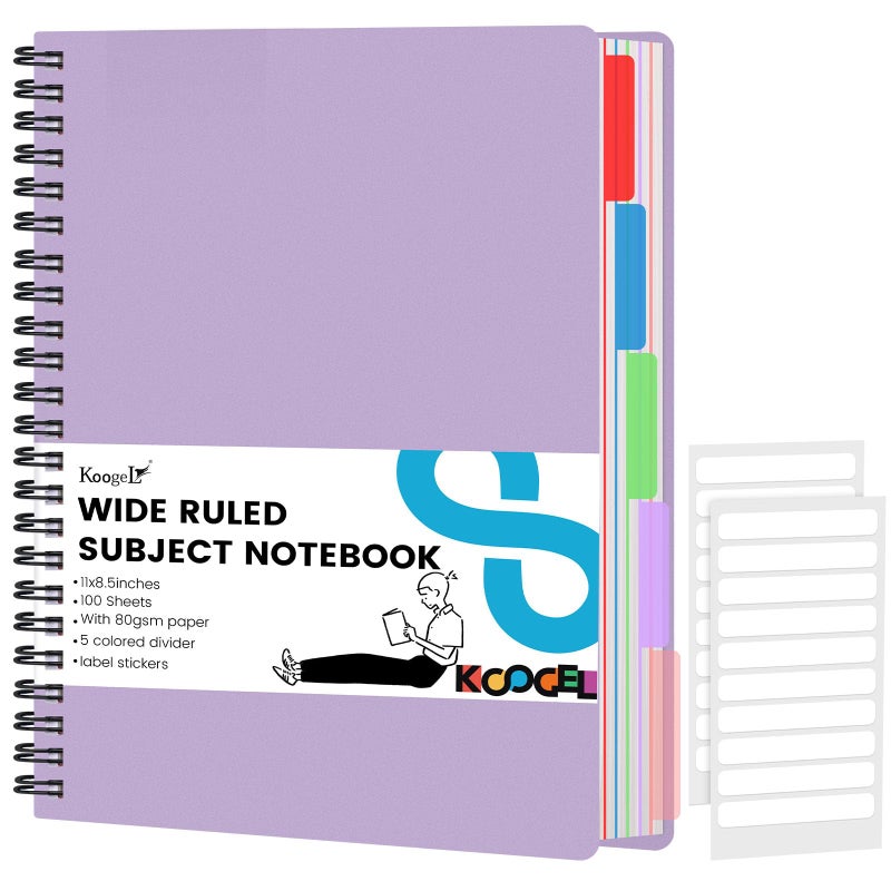 Koogel Spiral Notebook with Tabs, 5 Subject Spiral Notebook Wide Ruled with Removable Dividers, 200Pages Lined Journals for Women Journals Note Taking Work School Gifts, 8.5x11Inch, Purple - Image 1