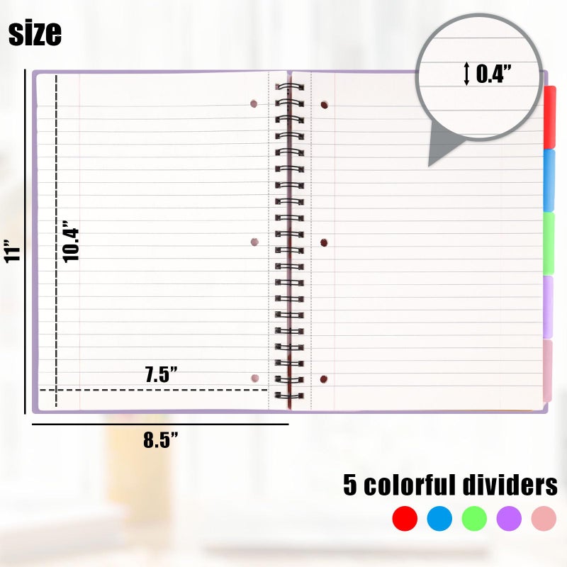 Koogel Spiral Notebook with Tabs, 5 Subject Spiral Notebook Wide Ruled with Removable Dividers, 200Pages Lined Journals for Women Journals Note Taking Work School Gifts, 8.5x11Inch, Purple - Image 5