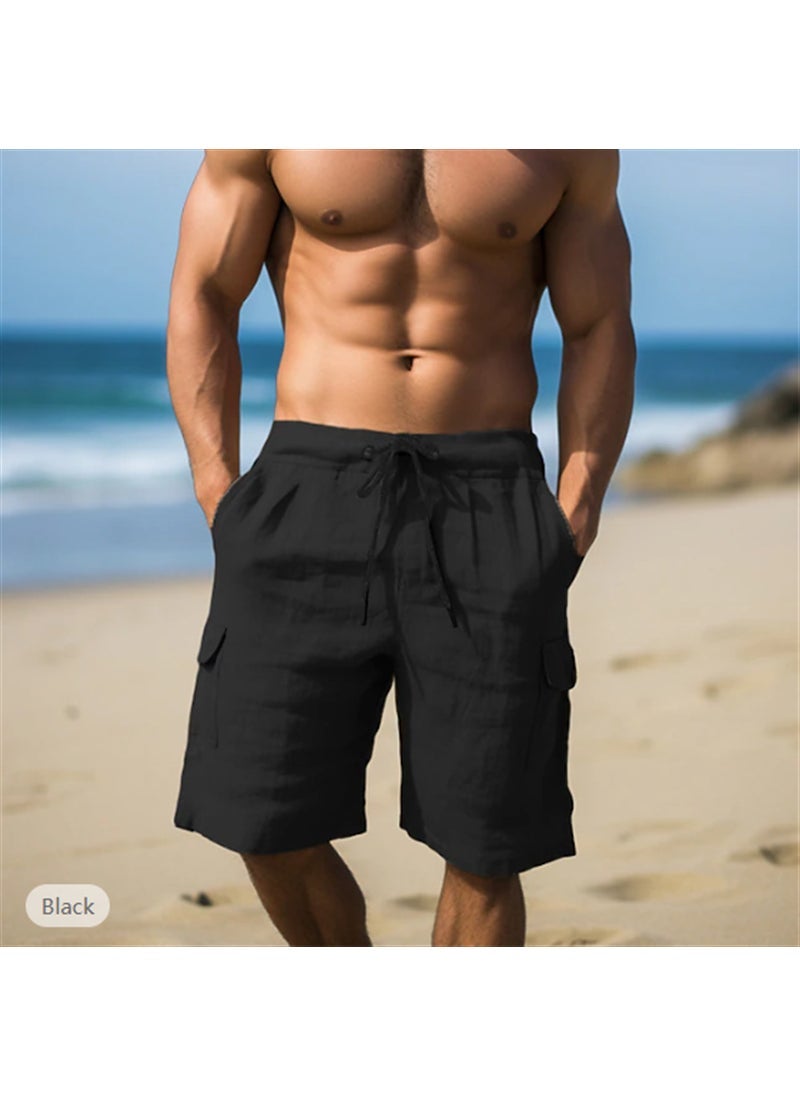 2024 Summer Cotton and Linen Shorts Drawstring Elastic Waist Straight Leg Pure Color Breathable Daily Beach Five-point Casual Mid-pants Light blue