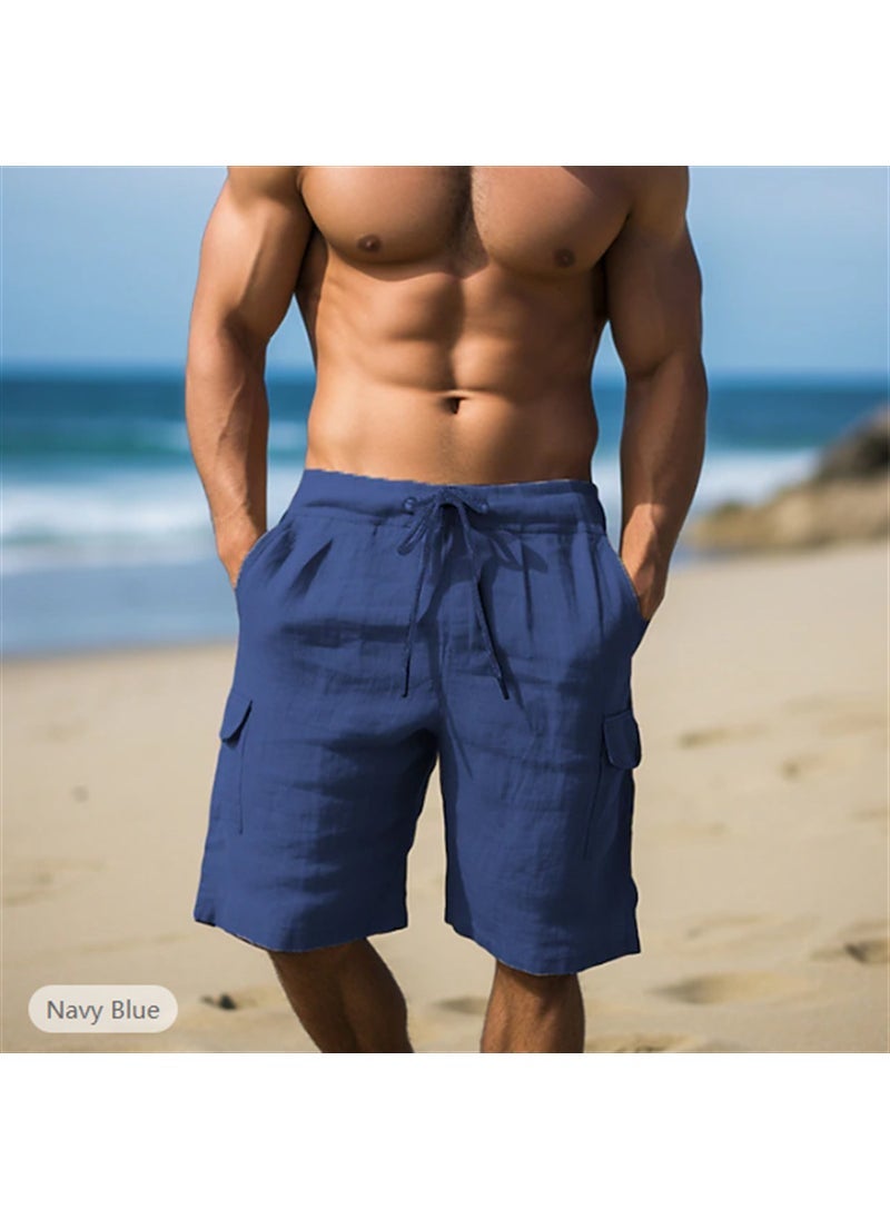 2024 Summer Cotton and Linen Shorts Drawstring Elastic Waist Straight Leg Pure Color Breathable Daily Beach Five-point Casual Mid-pants Light blue