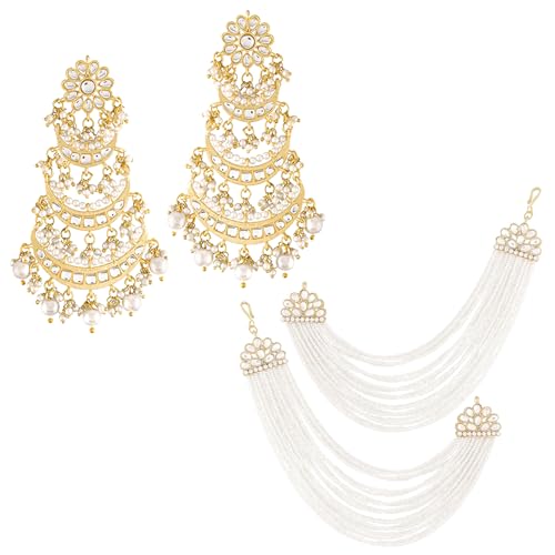 Peora Combo of Kundan Pearl Dangle Earrings & Pearls Chain Earrings Gift for Women - Image 1