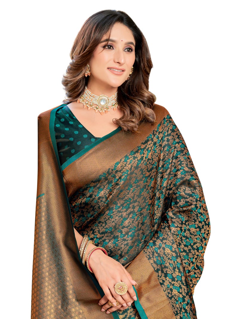 Glory Sarees Women's Pure Kanjivaram Soft Banarasi Original Satin Silk Saree Elegantly Crafted Graceful Wedding Design With Blouse Piece (Satin Silk103_Green) - Image 1