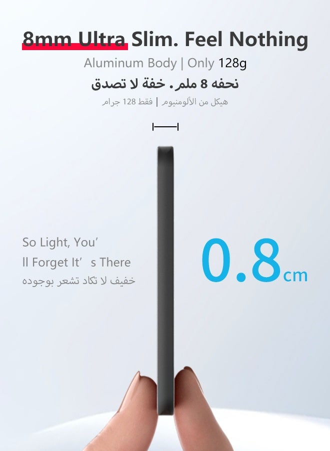 WAPIK Korean Brand M8 Magnetic Power Bank 5000mAh Ultra Slim 8mm, 15W Wireless Fast Charging, Built-in Type-C Cable Portable Charger, MagSafe Compatible for iPhone 17/16/15/14/13, Black - Image 3