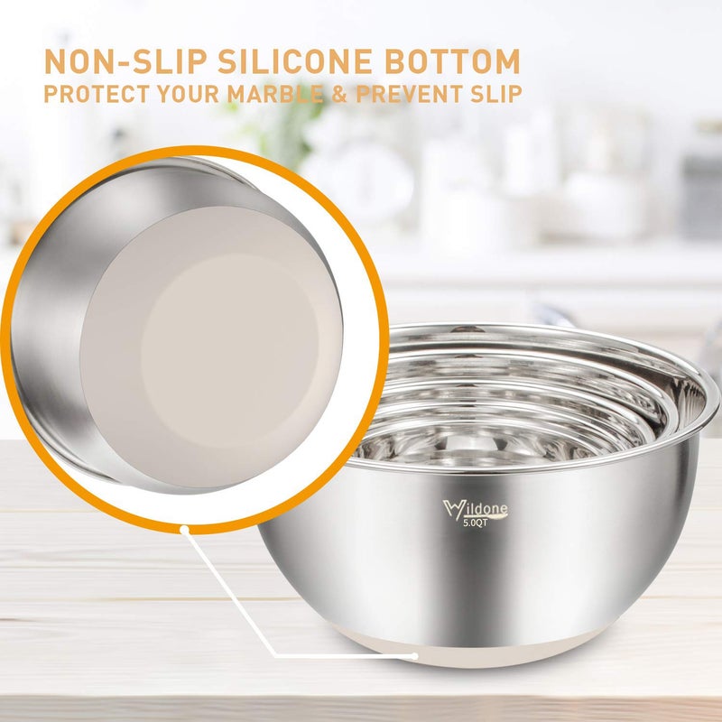 Wildone Mixing Bowls with Airtight Lids Set, 5PCS Stainless Steel Khaki Nesting Bowls for Kitchen, with Grater Attachments & Non-Slip Bottoms, Size 5, 3, 2, 1.5, 0.63 QT, Great for Mixing & Serving - Image 5