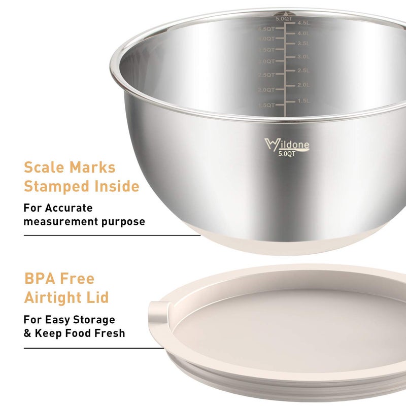 Wildone Mixing Bowls with Airtight Lids Set, 5PCS Stainless Steel Khaki Nesting Bowls for Kitchen, with Grater Attachments & Non-Slip Bottoms, Size 5, 3, 2, 1.5, 0.63 QT, Great for Mixing & Serving - Image 2