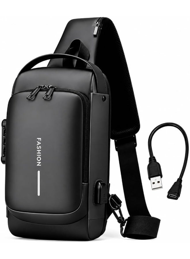 Men's casual bag with USB port, password lock, and connecting cable – Black. - Image 1
