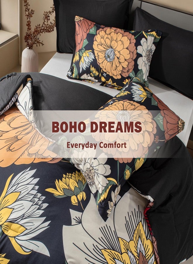 Tyrot Black Boho Floral Queen Comforter Set - 3 Piece Farmhouse Botanical Bedding Comforter Sets for All Season Soft Lightweight Mid Century Bed Set, (1 Reversible Comforter and 2 Pillow Shams - Image 2