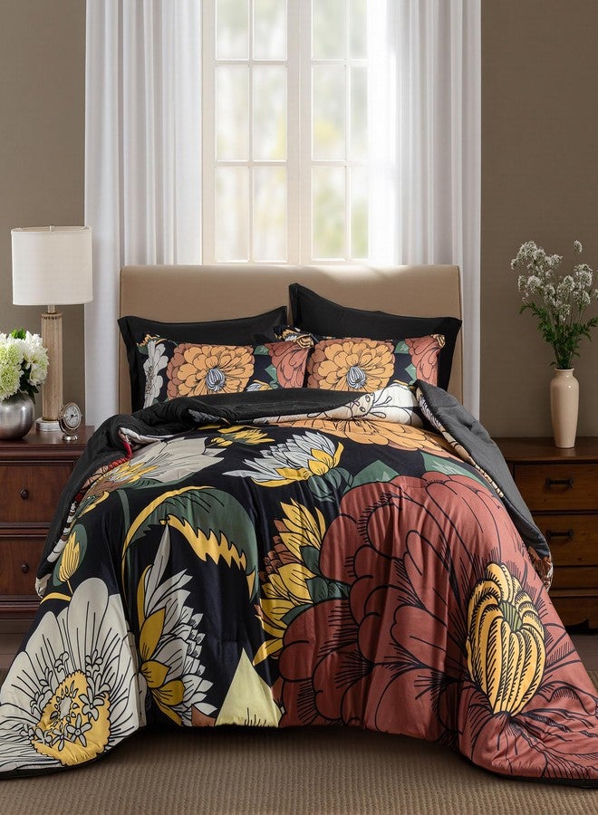 Tyrot Black Boho Floral Queen Comforter Set - 3 Piece Farmhouse Botanical Bedding Comforter Sets for All Season Soft Lightweight Mid Century Bed Set, (1 Reversible Comforter and 2 Pillow Shams - Image 1
