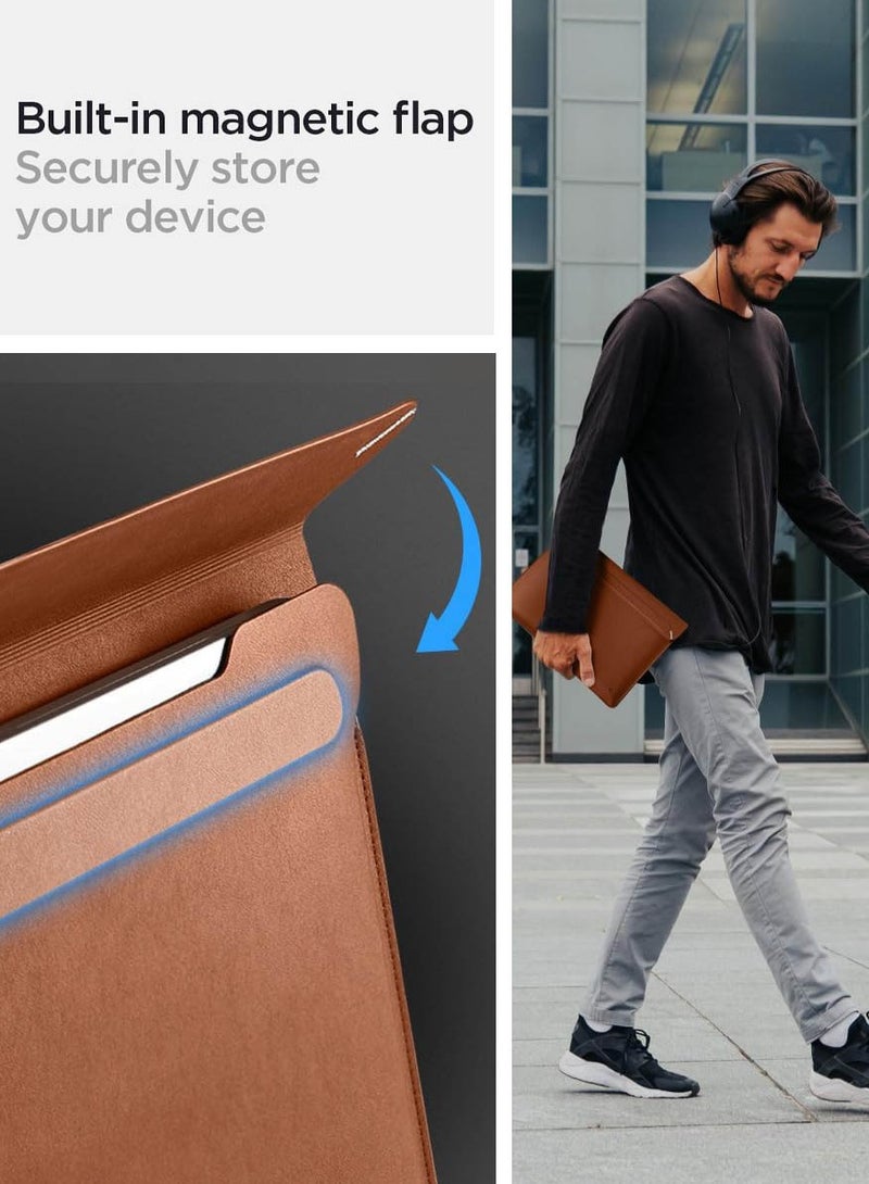 Spigen Laptop Sleeve Valentinus 13 14 inch, for MacBook Pro, Built in Magnetic Flap, Leather Laptop Case Cover, Laptop Pouch Bag - Classic Brown - Image 2