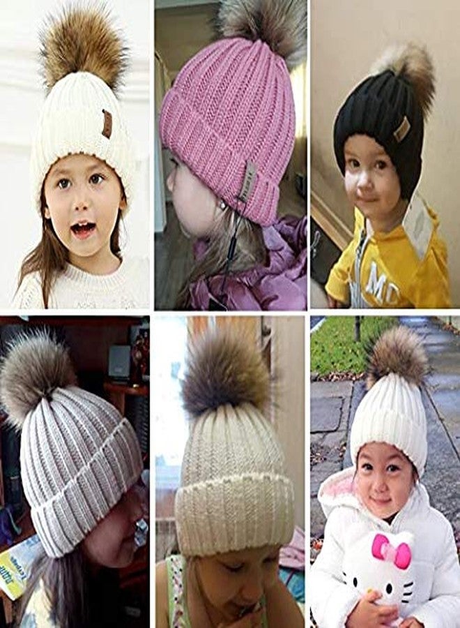 V3E Kids Girl's Winter Knitted Pom Beanie Bobble Hat Cotton Lined Faux Fur Ball Pom Pom Cap Unisex Kids Beanie Hat (Pink) - Image 2