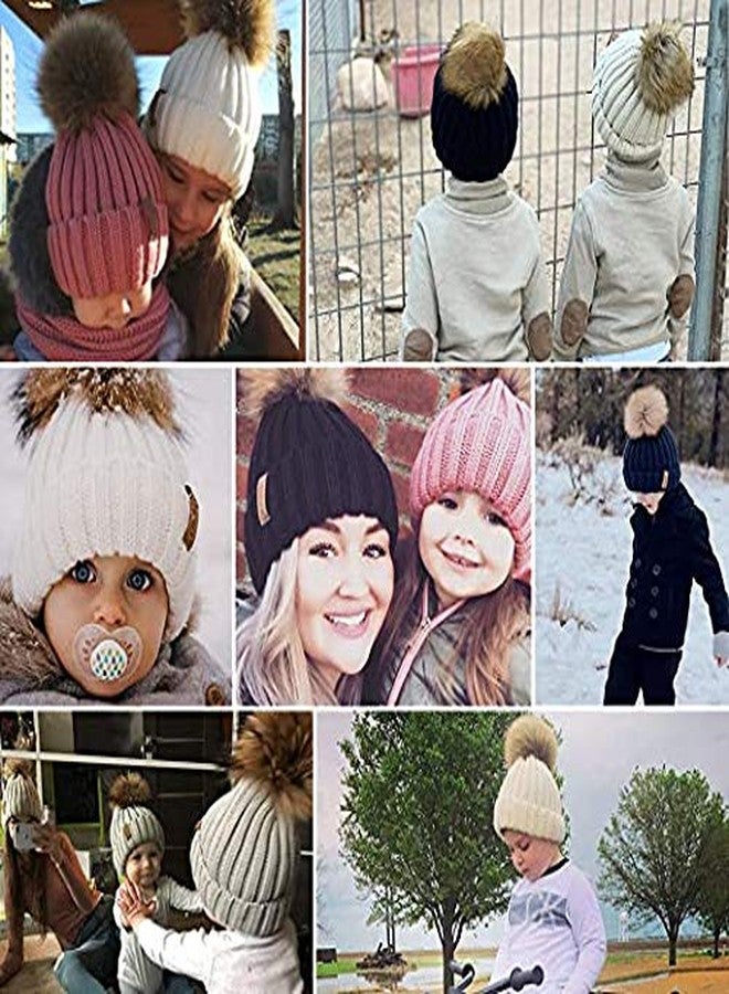 V3E Kids Girl's Winter Knitted Pom Beanie Bobble Hat Cotton Lined Faux Fur Ball Pom Pom Cap Unisex Kids Beanie Hat (Pink) - Image 3