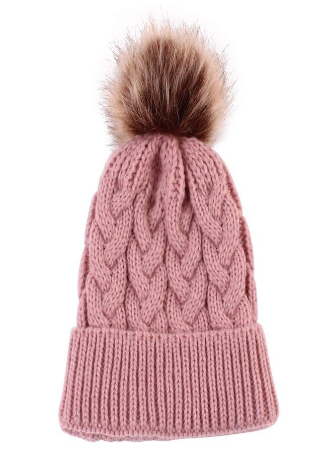 V3E Kids Girl's Winter Knitted Pom Beanie Bobble Hat Cotton Lined Faux Fur Ball Pom Pom Cap Unisex Kids Beanie Hat (Pink) - Image 1