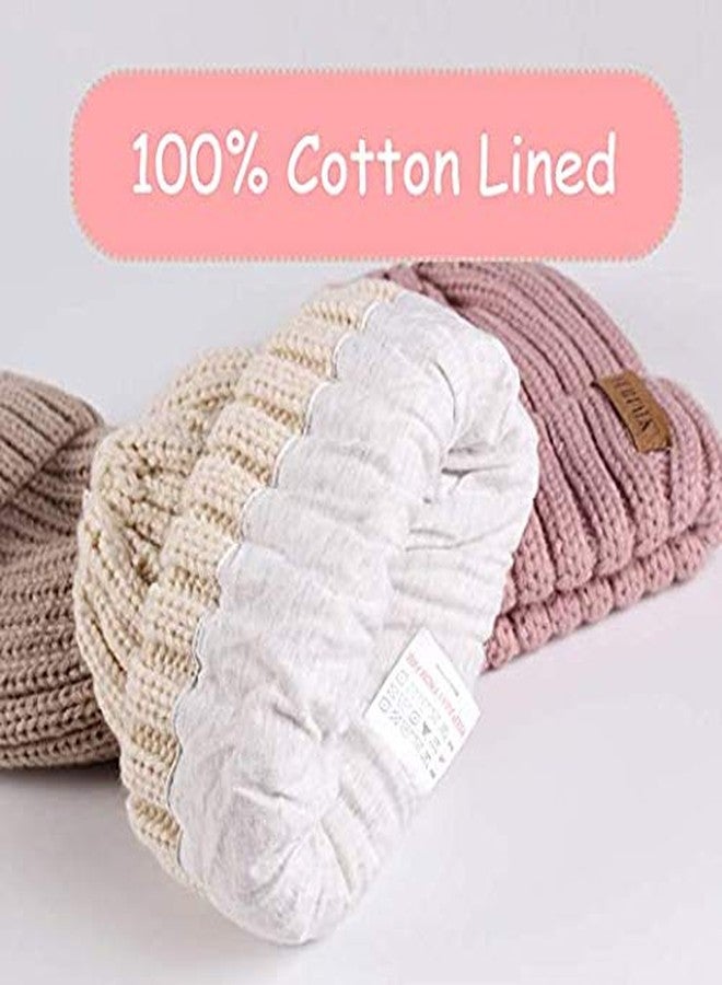 V3E Kids Girl's Winter Knitted Pom Beanie Bobble Hat Cotton Lined Faux Fur Ball Pom Pom Cap Unisex Kids Beanie Hat (Pink) - Image 4