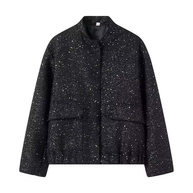 ZA cross-border womens clothing wholesale spring and autumn explosions stand collar loose sequin jacket jacket womens European and American style jacket Black 
