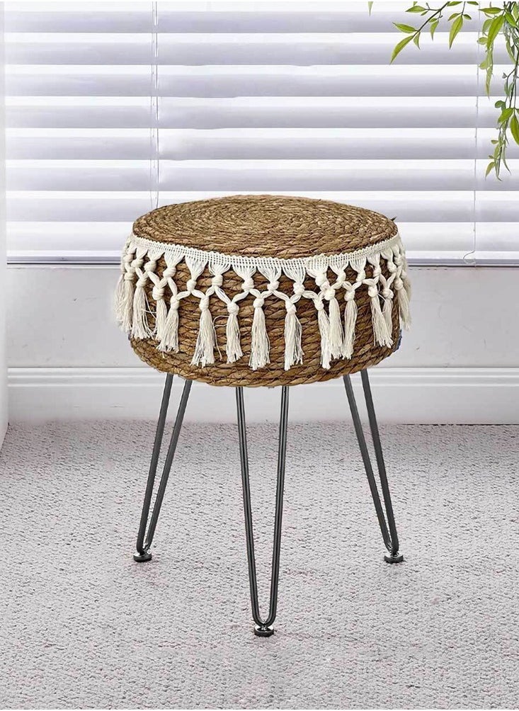 HOME TASTE Natural Jute Ottoman Stool with Metal Legs, 32x45 cm – Pastoral Round Pouffe & Footstool with Tassels for Bedroom, Living Room, Hallway Decor  - Image 1