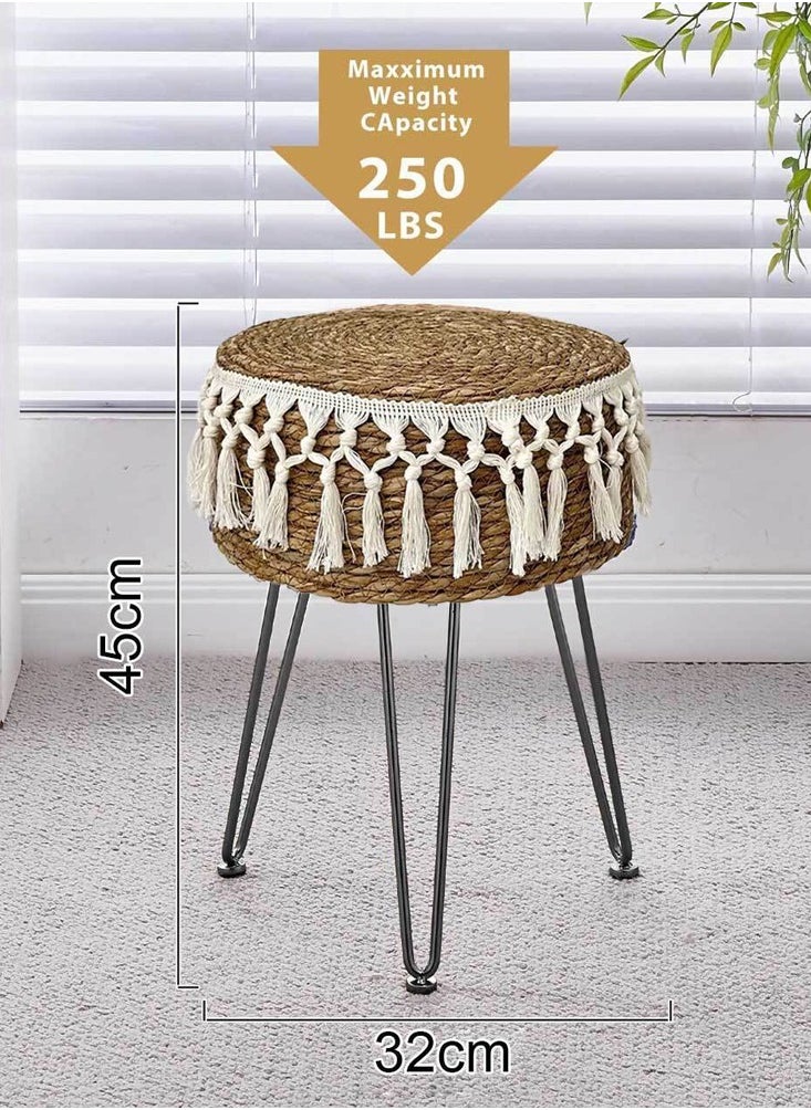 HOME TASTE Natural Jute Ottoman Stool with Metal Legs, 32x45 cm – Pastoral Round Pouffe & Footstool with Tassels for Bedroom, Living Room, Hallway Decor  - Image 2