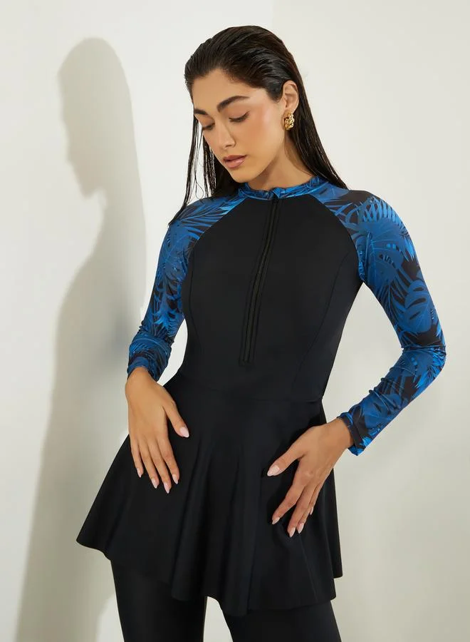 Styli Black Pack of 2 - Palm Leaf Print Raglan Sleeve Burkini and Leggings Set for Women | Best Price UAE