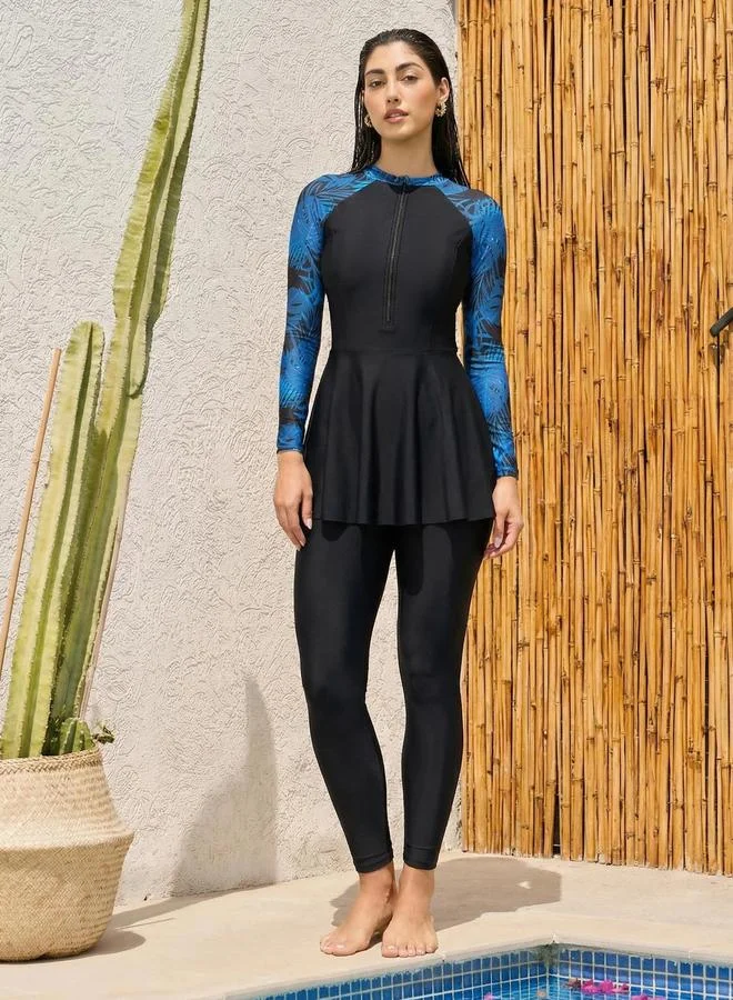 Pack of 2 - Palm Leaf Print Raglan Sleeve Burkini and Leggings Set