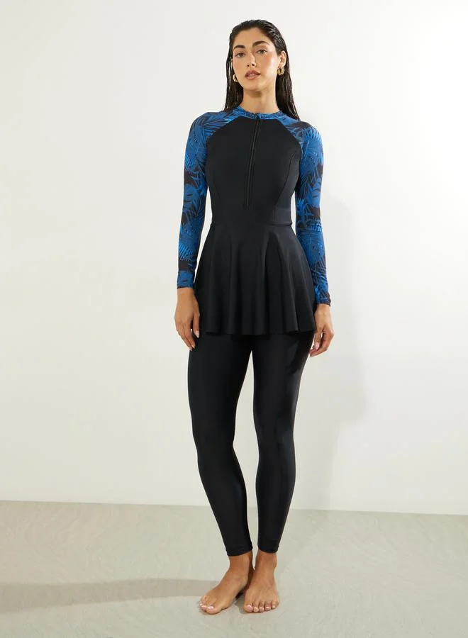 Styli Black Pack of 2 - Palm Leaf Print Raglan Sleeve Burkini and Leggings Set for Women | Best Price UAE