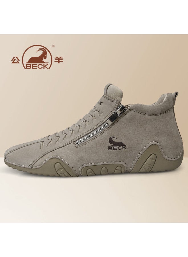 Ram Men's Winter High-top Soft Leather Casual Shoes Genuine Leather Outdoor Work Martin Boots Sand Color Size 43