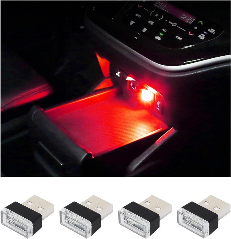 Augeny 4 PCS USB LED Car Interior Atmosphere Lamp, Plug-in USB Decor Night Light, Portable Auto Ambient Lighting Kit, Universal Vehicle Interior Accessories for Most Cars (Red) - Image 1