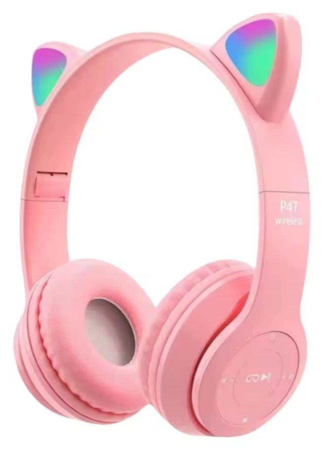 p47m Wireless Bluetooth Headphone Cat RGB LED - Over Ear Stereo Music Headset with Memory Card Support, Gaming Headphones with Built-in Microphone for Laptop, Mobile Phone and PC (Purple) - Image 1