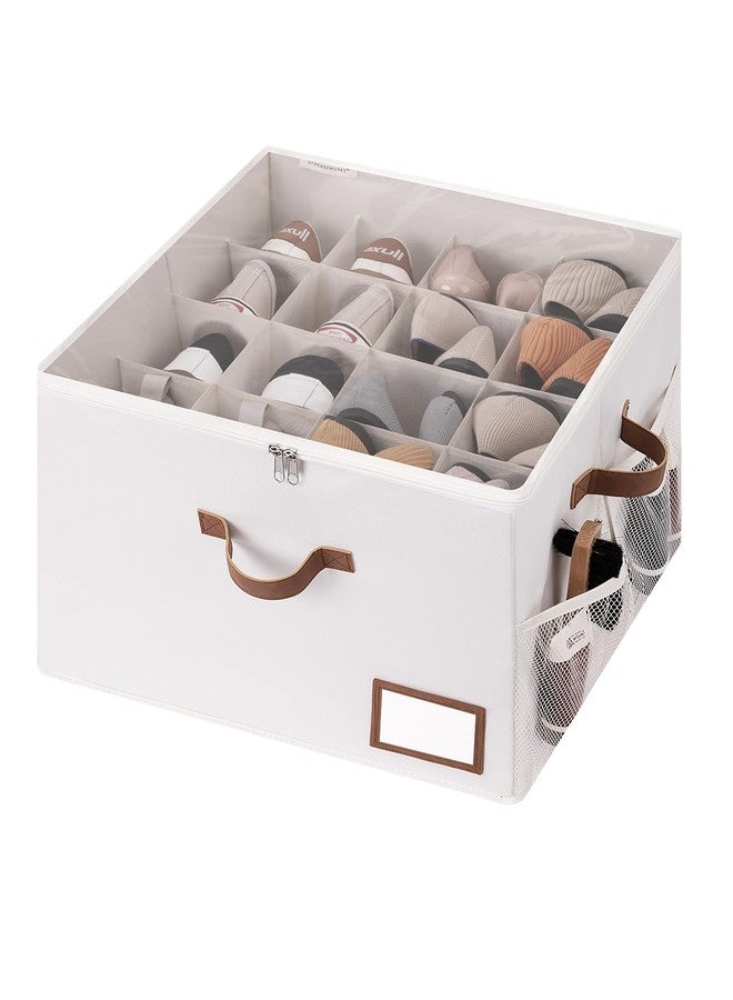 StorageWorks Shoe Organizer for Closet, Shoe Storage Bins with Clear Lid, Fabric Shoe Boxes with Side Mesh Pockets, Closet and Storage Bins for Slippers and Flats, Holds Up to 16 Pairs, Beige - Image 1