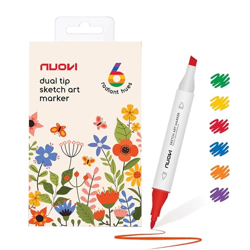 NUOVI Radiant Hue Sketch Art Markers 6 Shades | Super Blendable Alcohol Based Ink, Smudge Free Colors | Dual Tip Fine & Chisel Tip Markers for Drawing, Colouring, Sketching - Image 1