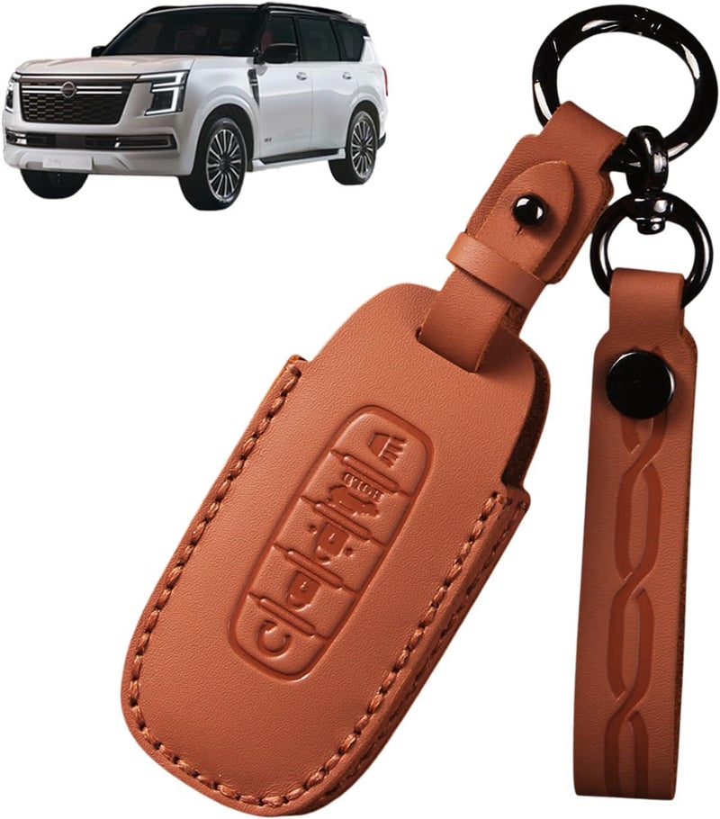 sheful 5 Buttons Premium Leather Key Fob Cover Protector Compatible with Nissan Patrol Y63 2025 2026 Accessories, Full Protection Key Case Shell with Keychain - Image 1