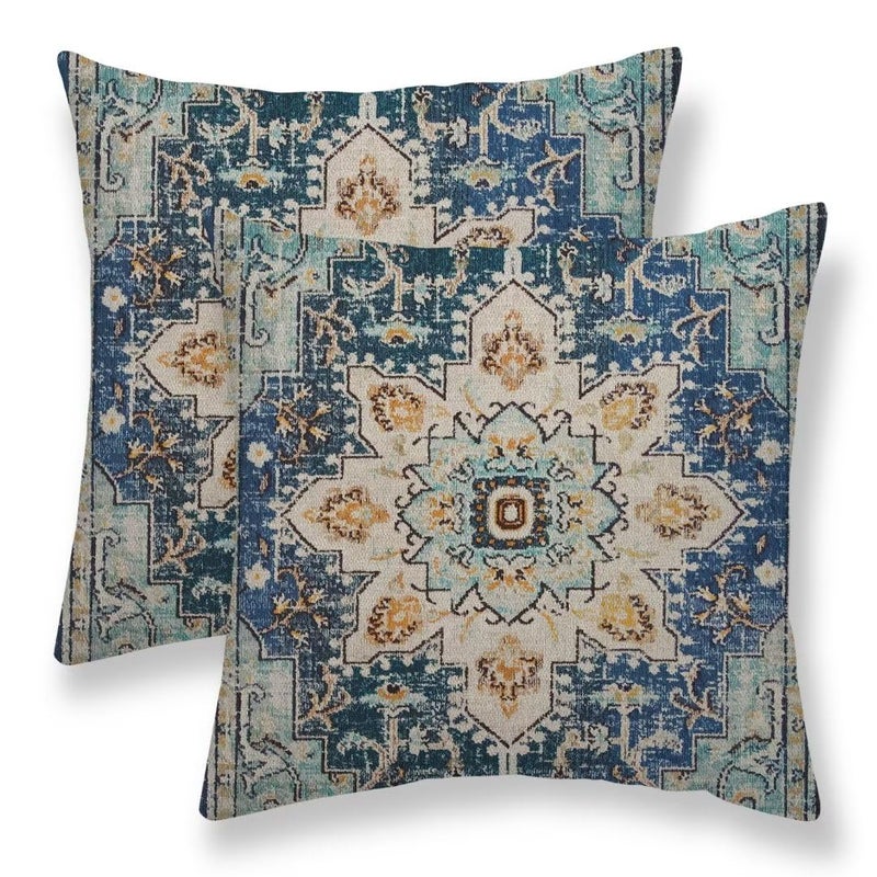 Sunshineyan Boho Pillow Covers 18x18 Set of 2 Light Blue Beige Carpet Pattern Outdoor Decorative Throw Pillows Vintage Linen Ethnic Rustic Farmhouse Cushion Cases for Couch Sofa Decor