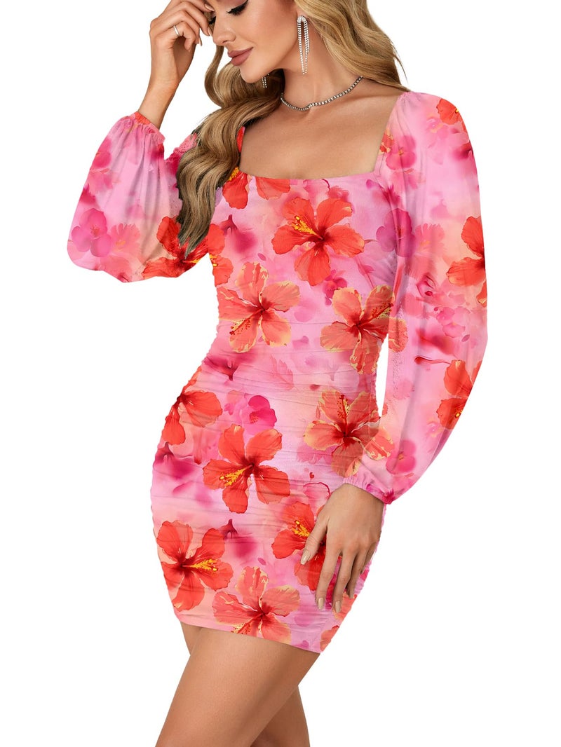 Rooscier Women's Glitter Mesh Long Sleeve Square Neck Ruched Bodycon Party Mini Dress Orange Floral Small - Image 3