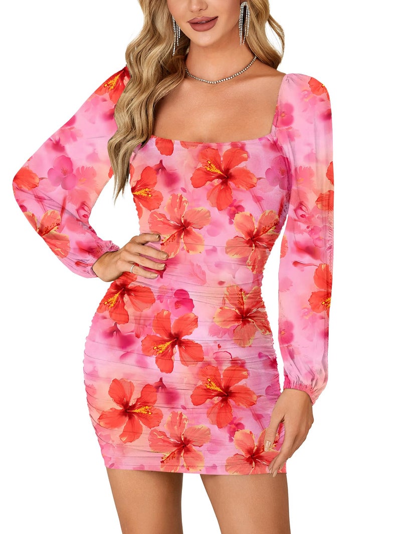 Rooscier Women's Glitter Mesh Long Sleeve Square Neck Ruched Bodycon Party Mini Dress Orange Floral Small - Image 2