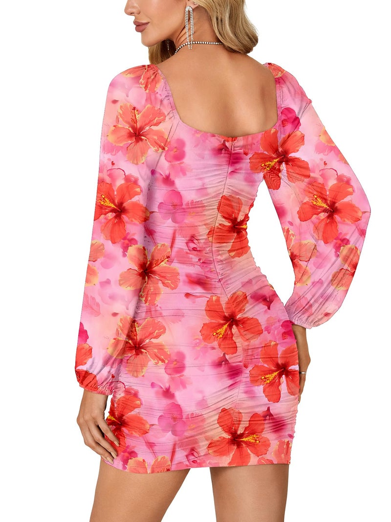 Rooscier Women's Glitter Mesh Long Sleeve Square Neck Ruched Bodycon Party Mini Dress Orange Floral Small - Image 5