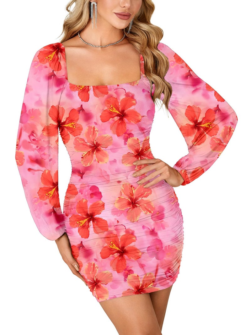Rooscier Women's Glitter Mesh Long Sleeve Square Neck Ruched Bodycon Party Mini Dress Orange Floral Small - Image 4
