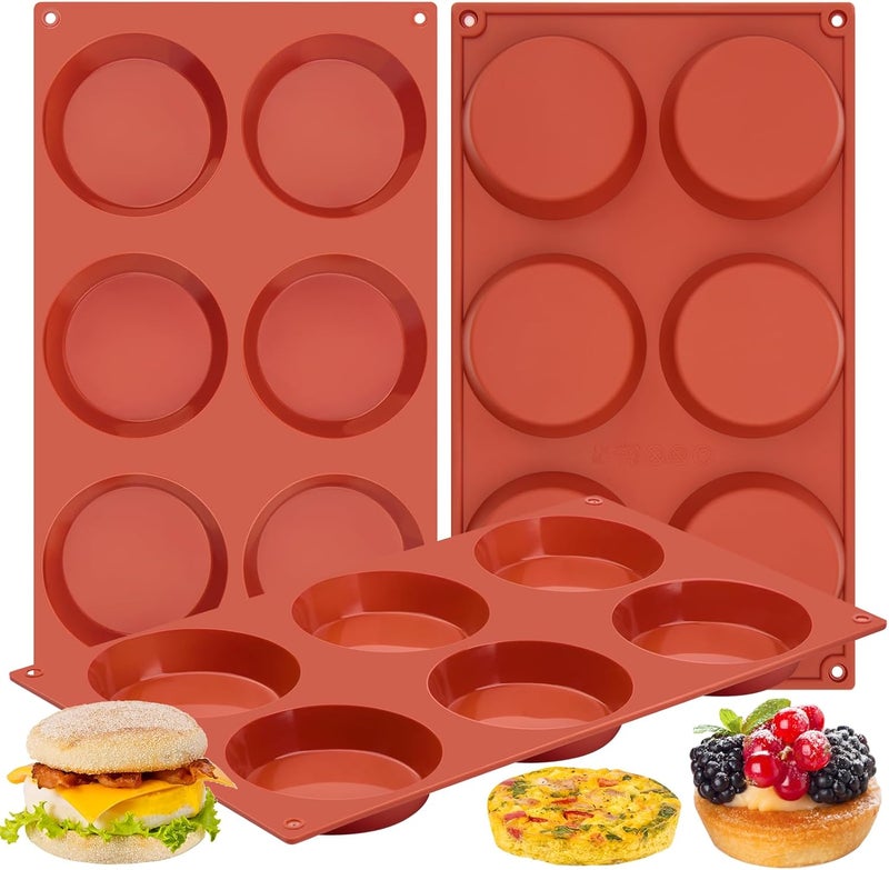Puyeipt 3 Pack Silicone Egg Molds, 3 Inch Non-Stick Muffin Top Pans Round Silicone Baking Molds for Egg Bites, Breakfast Sandwiches, Whoopie Pies, Corn Bread, Tarts (Red-Brown) - Image 1