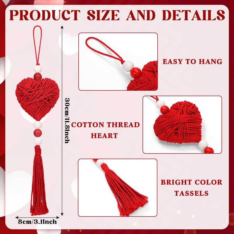 Tegeme 8 Pcs 11.8 Inch Valentine's Day Knit Ornaments Pink & Red Heart with Wood Bead Tassel for Tree Hanging Boho Handmade Cotton Thread Heart Rustic Farmhouse Decor for Anniversary Home Wedding Gift - Image 2