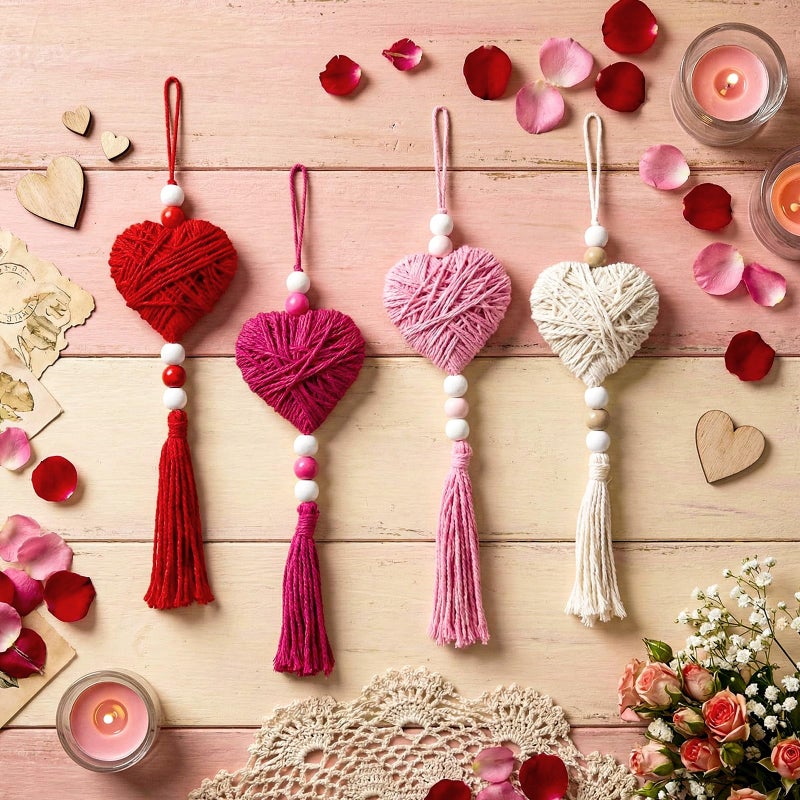 Tegeme 8 Pcs 11.8 Inch Valentine's Day Knit Ornaments Pink & Red Heart with Wood Bead Tassel for Tree Hanging Boho Handmade Cotton Thread Heart Rustic Farmhouse Decor for Anniversary Home Wedding Gift - Image 3