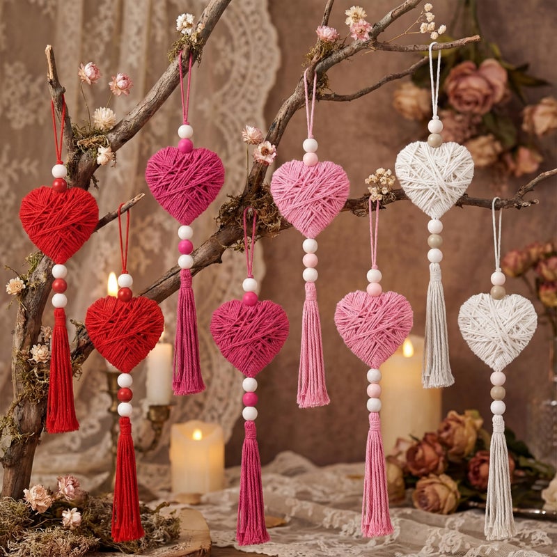 Tegeme 8 Pcs 11.8 Inch Valentine's Day Knit Ornaments Pink & Red Heart with Wood Bead Tassel for Tree Hanging Boho Handmade Cotton Thread Heart Rustic Farmhouse Decor for Anniversary Home Wedding Gift - Image 5