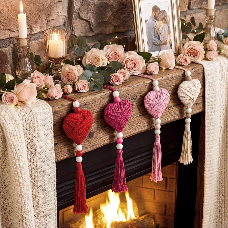 Tegeme 8 Pcs 11.8 Inch Valentine's Day Knit Ornaments Pink & Red Heart with Wood Bead Tassel for Tree Hanging Boho Handmade Cotton Thread Heart Rustic Farmhouse Decor for Anniversary Home Wedding Gift - Image 4