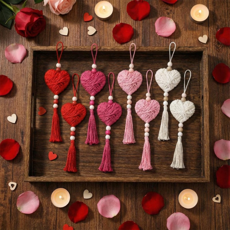 Tegeme 8 Pcs 11.8 Inch Valentine's Day Knit Ornaments Pink & Red Heart with Wood Bead Tassel for Tree Hanging Boho Handmade Cotton Thread Heart Rustic Farmhouse Decor for Anniversary Home Wedding Gift - Image 1