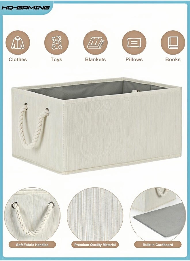 HQ-GAMING Collapsible Rectangular Storage Basket, Large Storage Box with Rope Handles, Storage Bins, Foldable Storage Baskets, Organizer Basket Used for Organizing Shelves, Closets, Clothes, and Toy, Beige  - Image 1