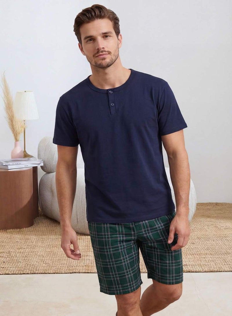 trendyol Navy Blue Regular Buttoned Collar Plaid Cotton Pajama Set Tmnss26Pt00012 - Image 1